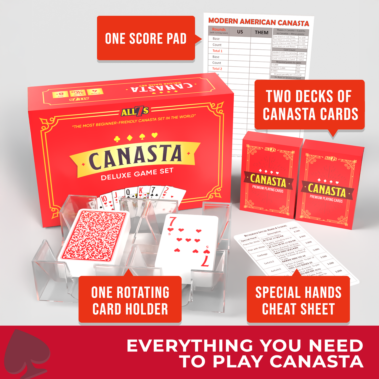 Deluxe Canasta Game Set with Large Print Cards, Rotating Tray, and Scorepad