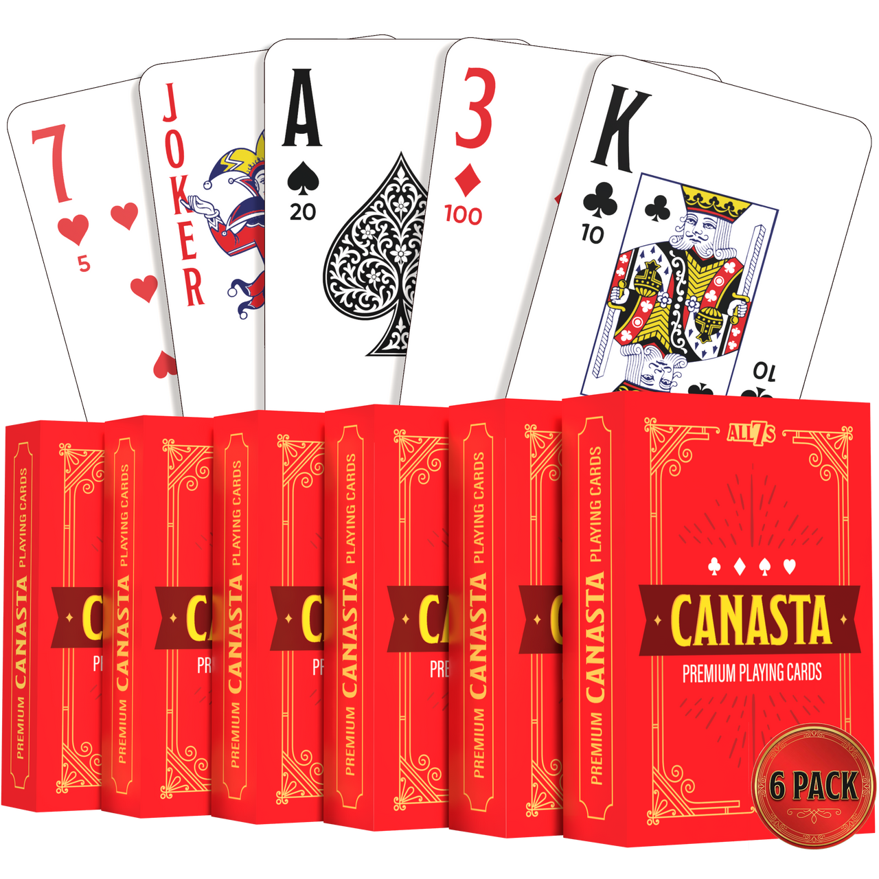 All7s Large Print Canasta Playing Cards, 6-Deck Set with Point Values
